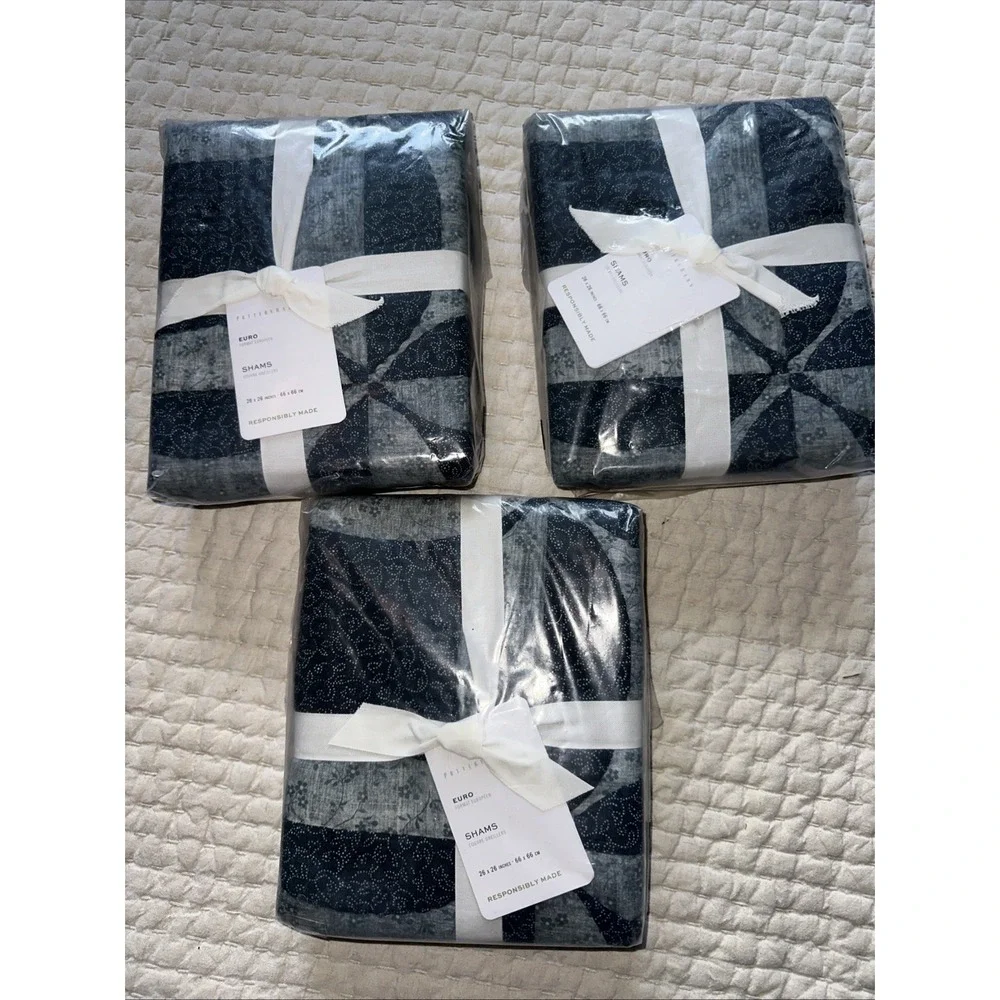 Pottery Barn Harper Blue Floral Quilted Euro Shams Set of 3 Cotton Bedding New